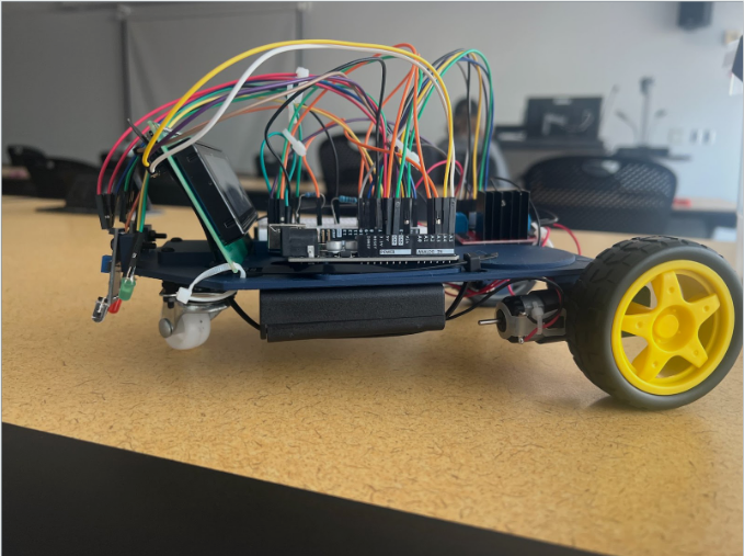 Autonomous robot built by Seri Khoury's team with an Arduino, sensors, motors, and wiring